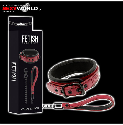 FETISH SUBMISSIVE Red - Black Collar with Leash