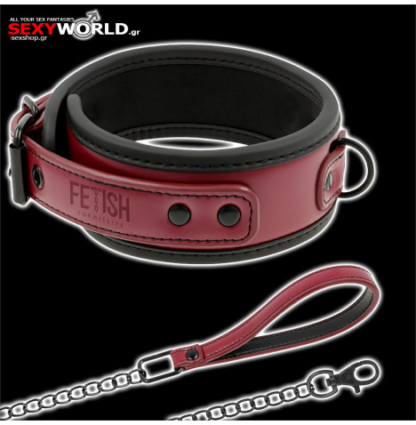 FETISH SUBMISSIVE Red - Black Collar with Leash