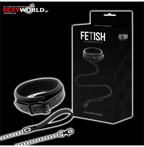 FETISH SUBMISSIVE Black Collar with Leash